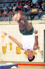A participant in action during the inaugral day of the 36th Interservice Gymnastics Championships at Polo Ground in Patiala on Monday.