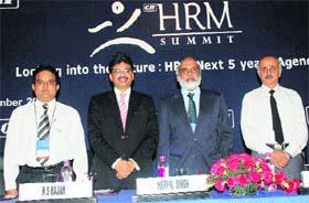Hari Nair, chairman, HRM summit, N.S.Rajan from Ernst and Young, P Rajendran, COO and director, NIIT, and Col I.S.Gahlaut (retd), director-skills, HR-IR and Affirmative Action, CII, at a CII-HRM summit organised in Gurgaon