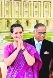UPA chairperson Sonia Gandhi with Infosys mentor NR Narayan Murthy at the inauguration of the Global Education Centre on Infosys Campus at Mysore on Tuesday.