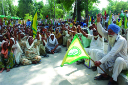 Members of different farmer unions staging a protest in favour of their demands outside the Mini-secretariat in Bathinda on Tuesday. 