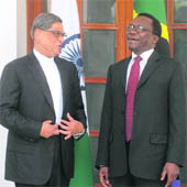 Prime Minister of Tanzania Mizengo K. Pinda with Minister of External Affairs SM Krishna in New Delhi on Tuesday. Pinda is in India on a five-day visit