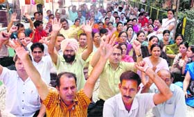 Members of the Northern Zone Insurance Employees Association protest in support of their demands at the LIC office in Jammu