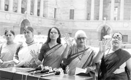 Representatives of various women bodies talk to mediapersons outside the Rashtrapati Bhavan after submitting a memorandum to President Pratibha Patil regarding the Womens Reservation Bill in Parliament