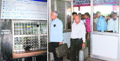 The platform ticket counter at the Chandigarh railway station; and (right) people walk out of the station without being checked for tickets. 