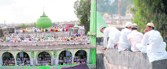 A scene of the last Friday prayers in the month of Ramzan at Jama Masjid, Dehradun (left); and Muslim boys look for a vantage point near the dome of mosque.