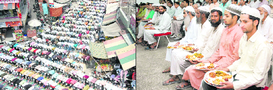 Prayers at Jama Masjid (left); and devotees wait to break their fast.