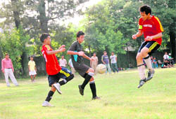 A match of the Inter-School Football Tournament in progress in Dehradun on Friday.