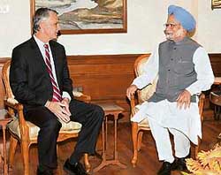 US Ambassador to India Timothy J Roemer with Prime Minister Manmohan Singh in New Delhi on Friday.
