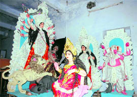 Idols of Goddess Durga ready for the Navratra puja in Dehradun on Saturday.