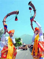 Folk dancers perform during Navratra celebrations at Katra on Saturday.