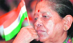 Devendri Sharma, mother of Delhi police inspector Mohan Chand Sharma, who died fighting terrorists in the Jamia Nagar locality encounter in 2008, during the AIATFs Martyrs Day function in New Delhi