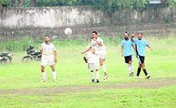 A match of Dehradun Football League in progress on Sunday.