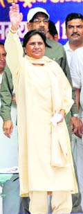 Party supremo Mayawati waves at the crowd.