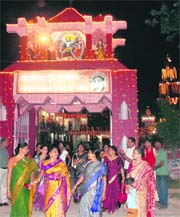 Devotees throng Kali Bari temple for Durga Puja in Chandigarh on Monday.