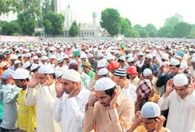 Devotees pray outside the Jama Masjid in Sector 20, Chandigarh, on the occasion of Id-ul-Fitr .