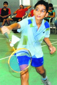 Gaurav of Sachdeva Public School plays during the North Zone Badminton Tournament in Mohali