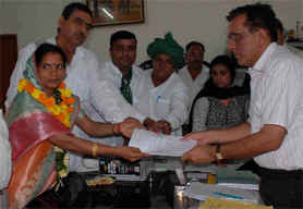 INLD candidate Anita Goswami files nomination for Haryana Assembly polls at Ballabhgarh in Faridabad on Tuesday.