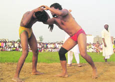 Grapplers in action at the 25th edition of Baba Gulab Shah Wrestling Tournament at Eidgah Ground in Roorkee on Tuesday.