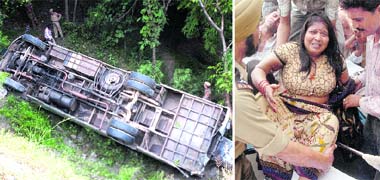 The bus that fell into a gorge near Kot Jagiran in Nagrota on Tuesday, injuring 34 passengers; and (right) an injured woman being shifted to the GMCH, Jammu