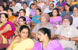 Audience during a lecture at the 12th National Convention on Knowledge, Library and Information Networking at Panjab University in Chandigarh on Tuesday.