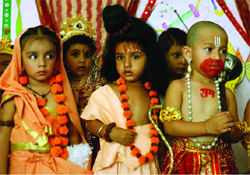 The students of Kids Care school dressed up as Ram, Sita, Lakshman and Hanuman for the Dussehra celebrations