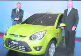 President & CEO, Ford Motors, Alan Mulally and president-cum-MD, Ford India, Michael Boneham at the launch of new Ford Figo Car in New Delhi on Wednesday.