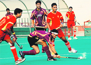 A player in action during the match at the Hockey Stadium in Chandigarh on Wednesday.