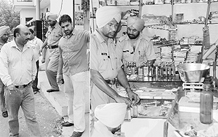 The accused Gurmeet Singh outside his confectionery shop with excise officials; and liquor bottles seized from his shop in Zirakpur on Wednesday. Tribune photographs