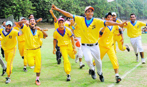 SGGS College, Sector 26, softball team in a jubilant mood after winning the final match in Chandigarh on Wednesday.