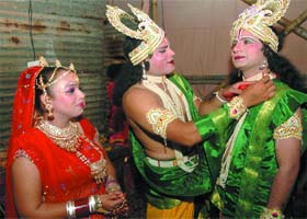 Laxman helps Ram get ready for Ramlila while Sita looks on at Adarsh Nagar Ramlila Committee (Subhash Park) in North Delhi