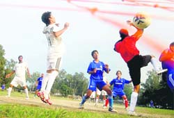CT Young get the equaliser through a self-goal by Akranta Clubs defender Hanumant in a District Football Super League match in Dehradun on Wednesday.