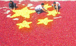 Farmers shape a Chinese national flag using chillies and corncobs in preparation for the upcoming 60th anniversary celebrations of the founding of the Peoples Republic of China, at a village in Tancheng, Shandong province, on Tuesday. 