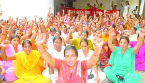  ASHA workers stage dharna raising their demands outside the DC office in Jalandhar.