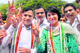 Mumbai Congress president Kripashanker Singh along with Congress MP Priya Dutt, after filing his nomination as a Congress-NCP candidate from Kalina Assembly seat at Vakola Municipal School, in Mumbai on Thursday.