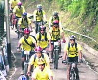 Participants of mountain biking rally which was flagged off by Chief Minister PK Dhumal on Sunday in Shimla. 