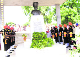 Armed jawans of the 13 Sikh Regiment pay tributes to the Saragarhi martyrs at Jhorran village near Raikot.