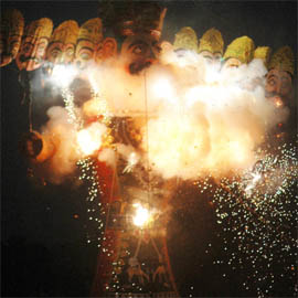 Ravan being consigned to flames at Ramlila Grounds in Faridabad on Monday.