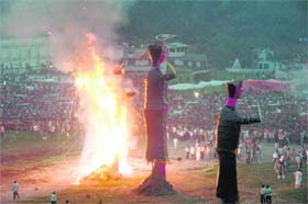 Effigies of Ravana and his relatives set on fire to mark the Dussehra festival at the Parade Ground in Dehradun