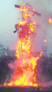 An effigy of Ravana set on fire at the Ramlila Ground in Kaithal on Monday