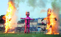 The effigies of Ravana, Kumbhkarna and Meghnadh are set afire at MSD Senior Secondary School in Bathinda