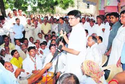 Deepender Singh Hooda, MP from Rohtak, addresses Congress workers at Ganaur in Sonepat district on Tuesday