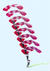 South Korean soldiers parachute down during a rehearsal for the 61st anniversary of Armed Forces Day at the Gyeryong military headquarters on Tuesday. South Korea will celebrate the 61st Armed Forces Day on October 1