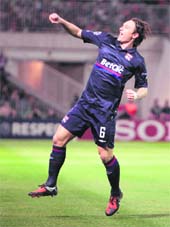 Olympique Lyonnais Kim Kallstrom celebrates a goal against Debrecen during their Champions League soccer match in Budapest on Tuesday.