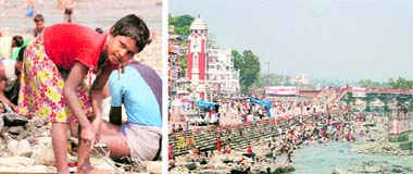 Children search for coins and other articles on the Ganga river bed; and (right) a view of Har-ki-Pauri after the Ganga closure