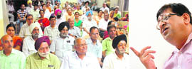 Surinder Gosain (right) sings Shiv Batalvi songs at a function for senior citizens in Chandigarh on Friday.