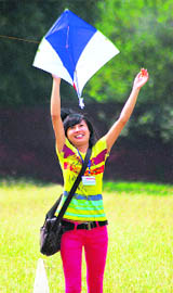 A student enjoys kite-flying in Chandigarh on Friday.