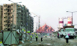 The underconstruction Games Village near Akshardham Temple in New Delhi.