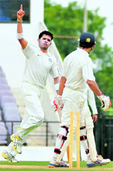 Rest of Indias S Sreesanth celebrates the wicket of Mumbais S Kukreja on the second day of the Irani Trophy in Nagpur on Friday.