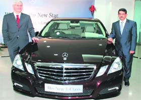 Wilfried Aulbur (left), MD and CEO of Mercedes Benz (India), with Deepak Joshi, MD of Joshi Autozone, at the launch of the New E-Class Mercedes Benz in Jalandhar