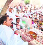 Abhey Singh Chautala addresses a gathering in Ellenabad on Saturday.